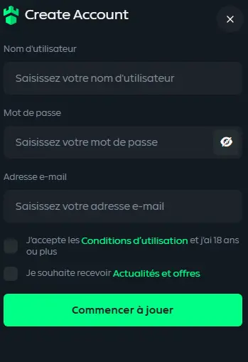 Formulaire d’inscription – création de compte joueur avec e-mail et mot de passe